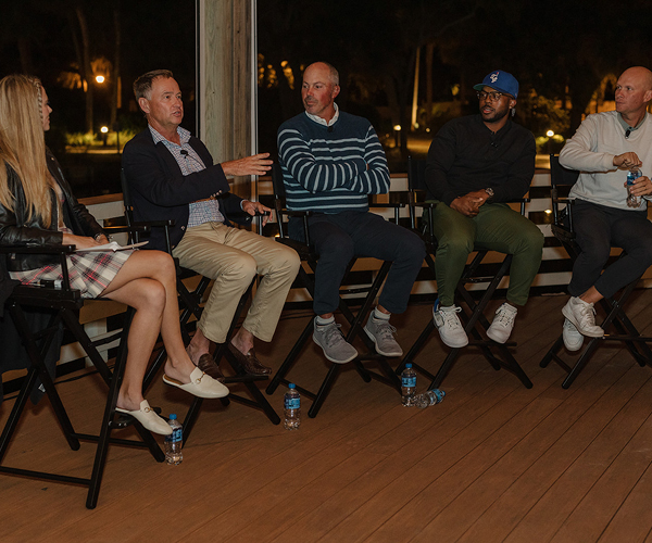 Host, Alexandra O’Laughlin interviews Davis Love III, Matt Kuchar, Roger Steele and Geno Bonnalie for an intimate fireside chat during the Saturday night event